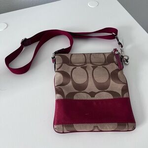 Coach Brown Signature Canvas Crossbody with Red Trim